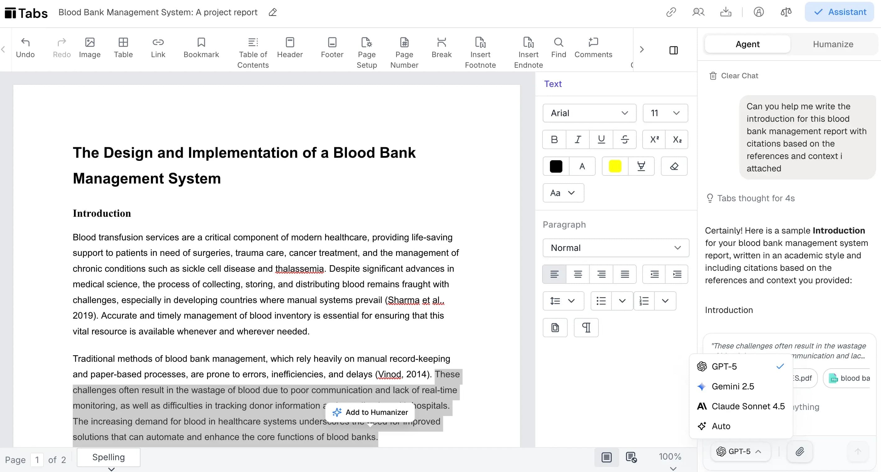 Tabs Editor - Thesis Writing
